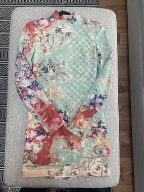 BALMAIN Floral Mint & Coral Long Sleeve Shift Dress Size US 4